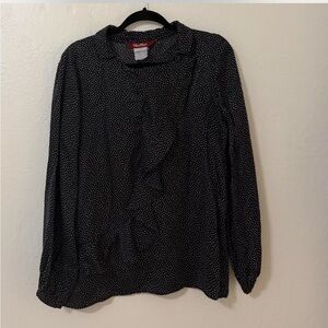 MaxMara Black with White Dot Long-Sleeve Ruffle Blouse